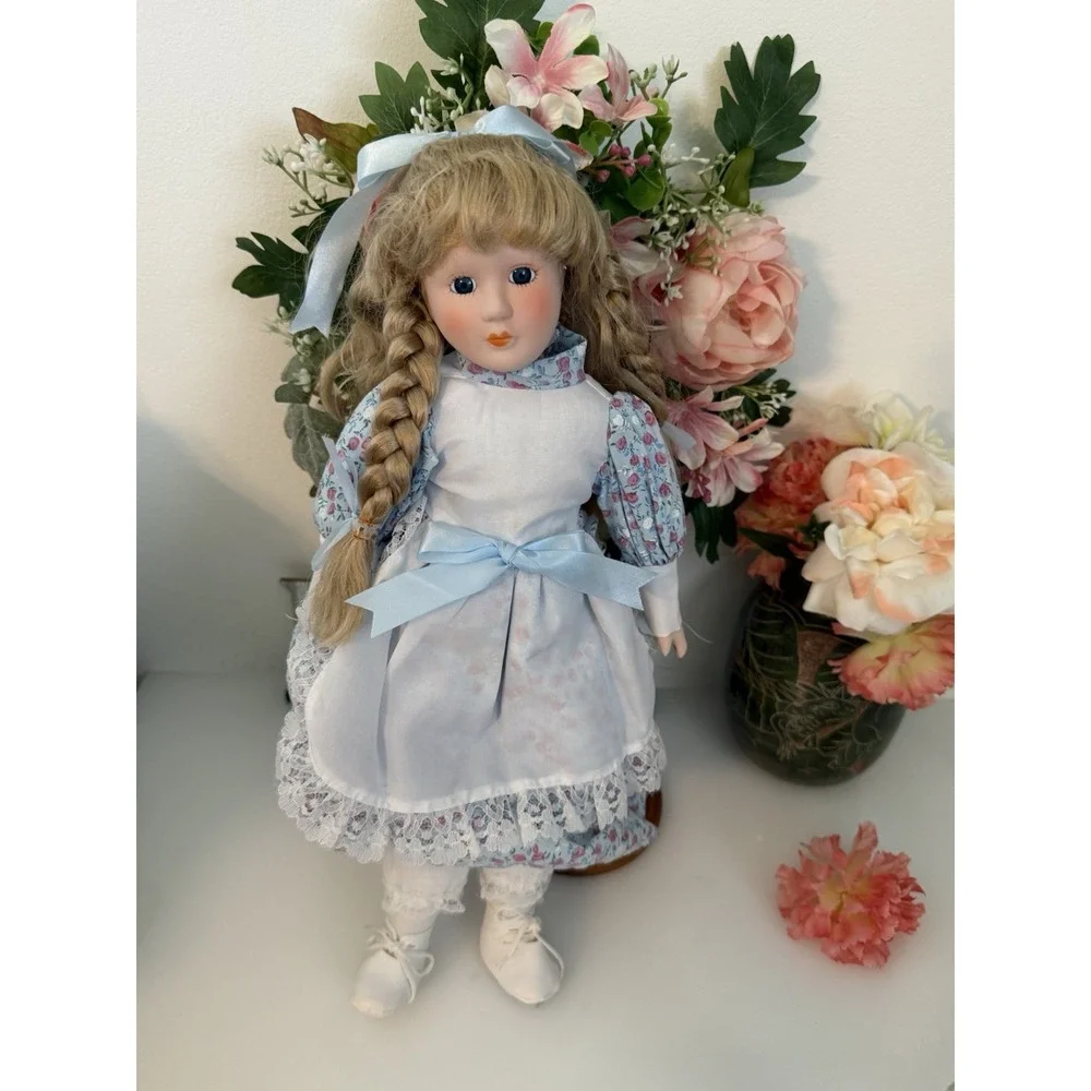 Porcelain Doll Blond Braids Hair Floral Print & White Lace Dress 16